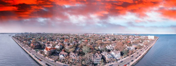 Skyline of Charleston at sunset, aerial view of South Carolina.