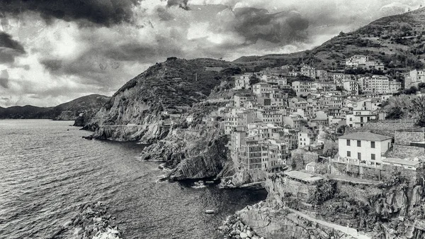 Widok Lotu Ptaka Cinque Terre Pięć Ziem Wybrzeża Nieba Włochy — Zdjęcie stockowe