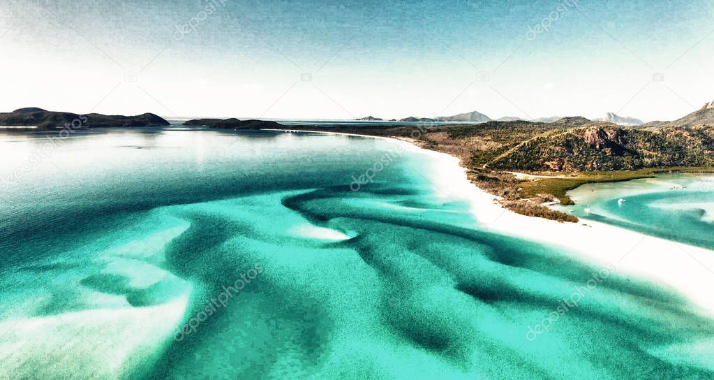 Aerial view of Whitehaven Beach from Hill Inlet on a sunny morning, Queensland - Australia.