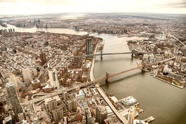 Brooklyn and Manhattan Bridges from the sky, New York City.