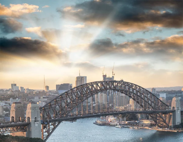 Zonsondergang Luchtfoto Van Prachtige Sydney Harbor Bridge Australië — Stockfoto