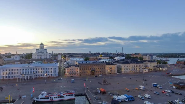 Sunset panoramic aerial view of Helsinki skyline from city port, Finland.