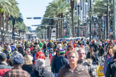 New Orleans - Şubat 2016: Kalabalık zevk Mardi Gras şehrin sokaklarında. Bu şehrin en ünlü olaydır.
