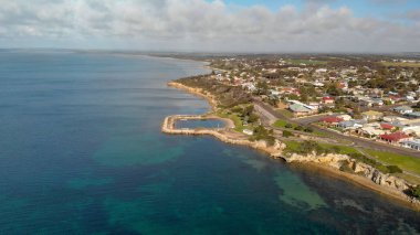 Kingscote cityscape ve kıyı şeridi hava görünümünü, Kanguru Adası, Güney Avustralya.