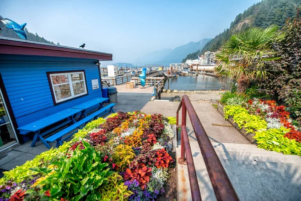 ท่าเรือสาธารณะเฟอร์รี่ที่มีดอกไม้และบ้านไม้ — ภาพถ่ายสต็อก