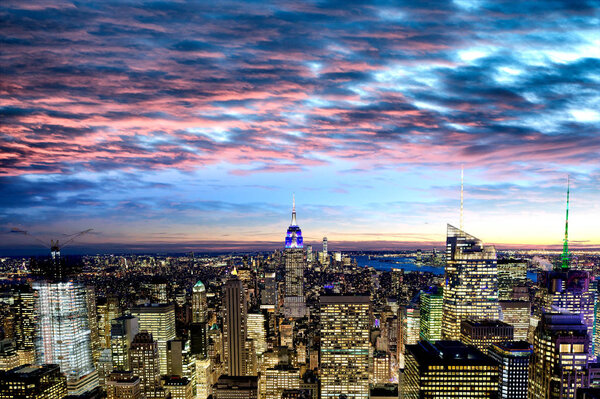 Amazing sunset view of Manhattan skyline on a winter evening, New York City