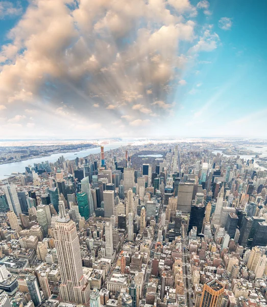 Midtown Manhattan aerial skyline at sunset, New York