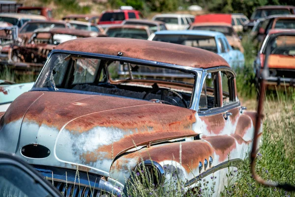 Auto wreckages met roest, verlaten voertuigen — Stockfoto