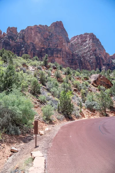 Červená cesta přes národní Park Zion, Utah, Usa — Stock fotografie