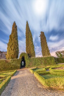 Bahçeleri ve selvi bir bulutlu gökyüzü altında gece görünümü