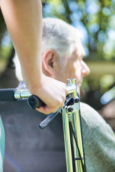 Aged Senior Man Wheelchair Assisted Nurse Detail Woman Hand — Stock Photo, Image