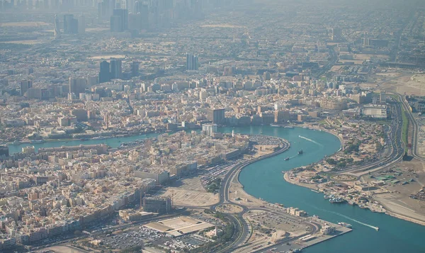 Flygbild Över Dubaiviken Från Flygplanet Vid Soluppgången — Stockfoto