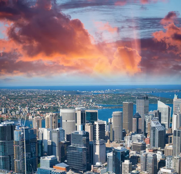 Solnedgång flyg utsikt över Sydney skyline med Barangaroo och CBD — Stockfoto