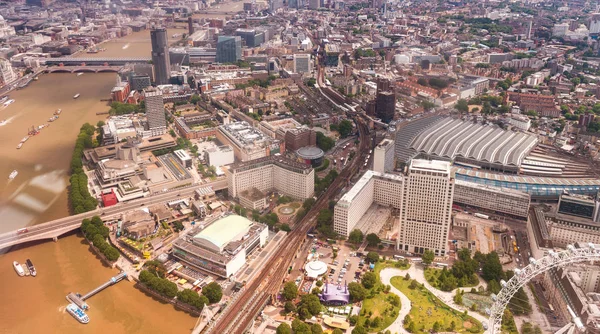 Buildings of London along Thames river as seen from helicopter — Stock Photo, Image