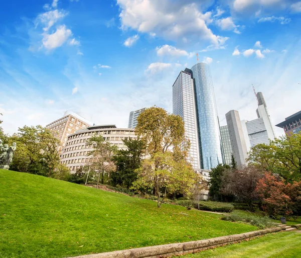 Frankfurt, Alemania. Hermoso parque con el horizonte de la ciudad moderna en un — Foto de Stock