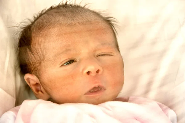 Newborn baby girl in the cradle — Stock Photo, Image