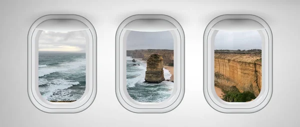 Двенадцать апостолов береговой линии, как видно через три окна самолета — стоковое фото