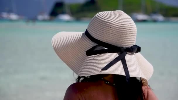 Bikini Hasır Şapkalı Bir Kadının Tropik Plajda Güneşlenişini Gösteren Arka — Stok video