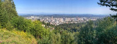 Portland, Oregon 'da. Bir tepenin tepesinde panoramik şehir manzarası