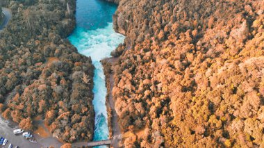 Huka Falls, Yeni Zelanda. Drone hava görünümü