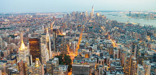 Tall skyscrapers of Midtown Manhattan, night aerial view — Stock Photo, Image