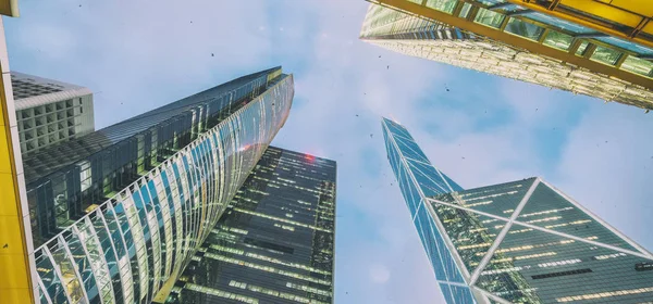 Hong Kong, China. Night city skyline. Upward view of modern skys — Stock Photo, Image