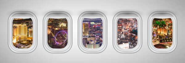 Las Vegas night aerial skyline as seen through five aircraft win