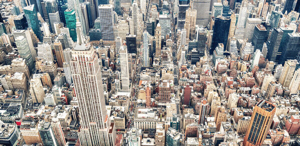 Helicopter view of Midtown Manhattan skyscrapers, New York City.