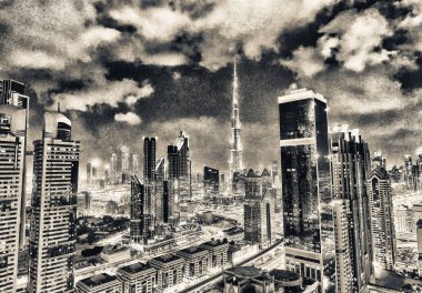 Gece hava görünümünü gökdelenlerin Downtown Dubai, Birleşik Arap Emirlikleri.
