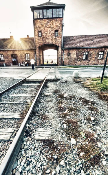 Auschwitz Birkenau toplama kampı 'nın ünlü demiryolu — Stok fotoğraf