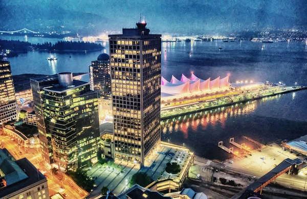 Vancouver skyline with Canada Place at night, aerial view — Stock Photo, Image