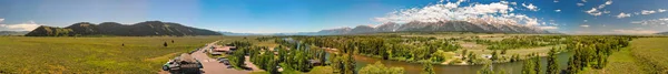 Panoramic aerial view of Grand Teton peaks, landscape and Snake — Stock Photo, Image