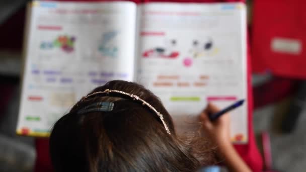 Footage Adorable Little Girl Doing Homework While Sitting Desk — Stock Video