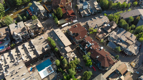Buildings in Vail, Colorado. Aerial view on a beautiful summer morning