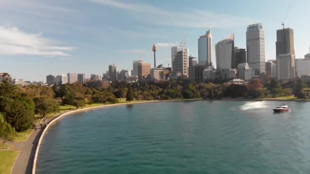 Vzdušný Záběr Říční Banky Parku Před Centrem Sydney Austrálii — Stock video