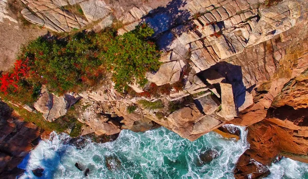 Letecký pohled na pobřeží Acadia v Maine za slunečného jitra v folia — Stock fotografie