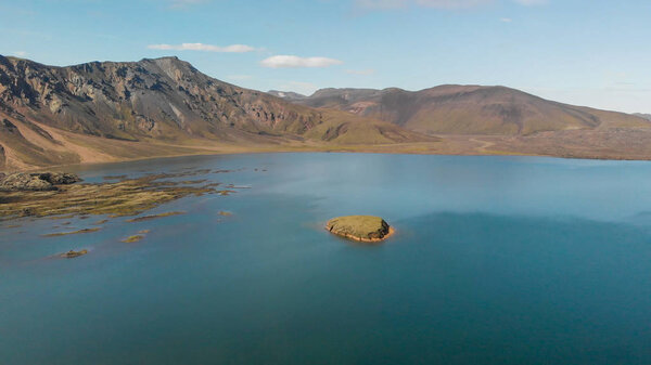 Aerial view of Landmannalaugar mountains and lake,Fjallabak Natu