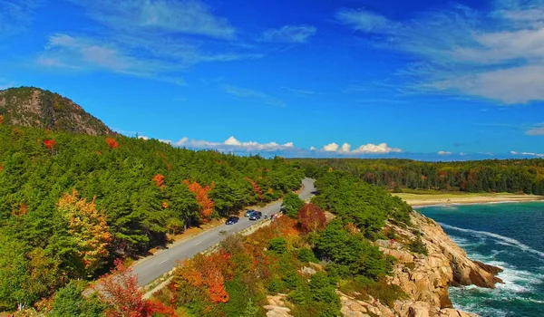 Hermoso camino a través de bosques en temporada de follaje, vista aérea —  Fotos de Stock