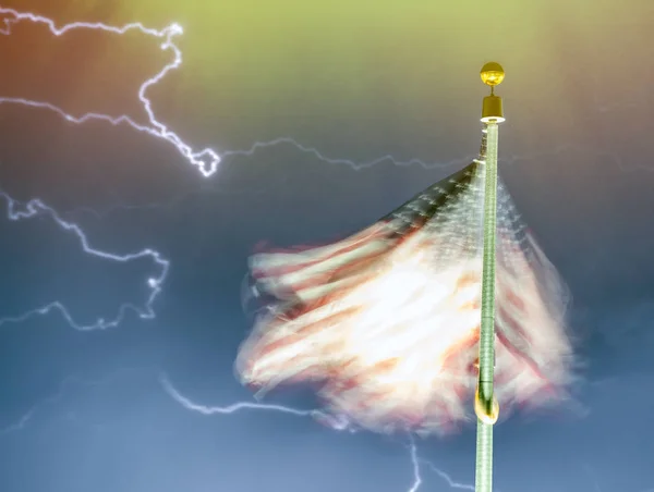 Long exposure of american flag waving on a stormy night. Lightni — Stock Photo, Image