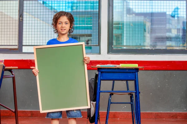Young Boy School Holding Green Chalkboard — Stock Photo, Image