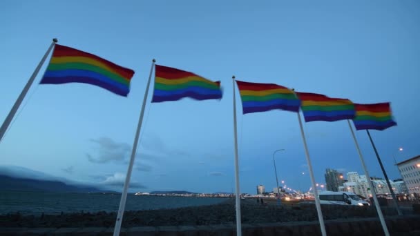 Alacakaranlık Gökyüzü Arkaplanında Sallanan Lgbtq Bayraklarının Sıra Sıra Görüntüleri — Stok video