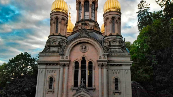 Russian Orthodox Church aerial view in Wiesbaden at sunset, Germ