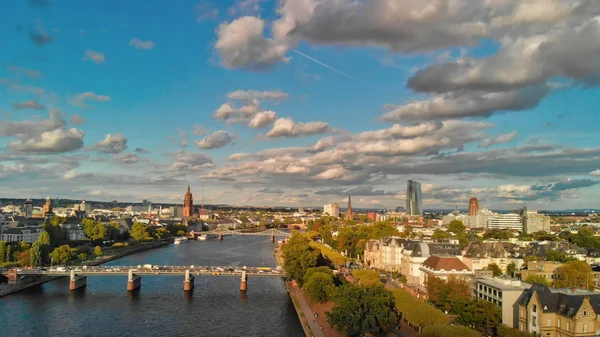 Frankfurt / Main Skyline Aerial Drone Shot At Sunset, view along t — стоковое фото