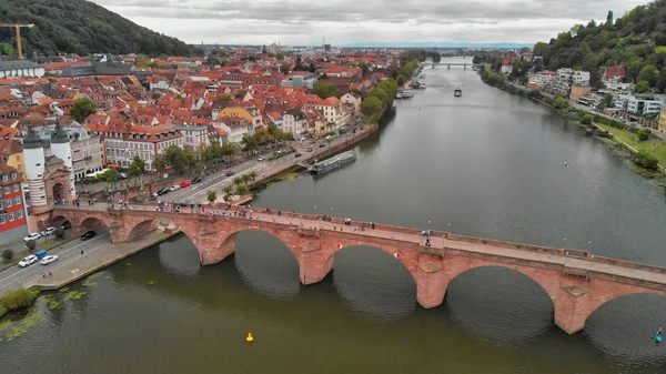 Heidelberg Aerial View, Germany. Drone flying along Chain Bridge