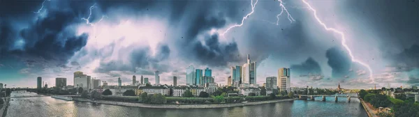 Frankfurt/Main Skyline Panoramic Aerial Drone Shot with thunders — Stock Photo, Image