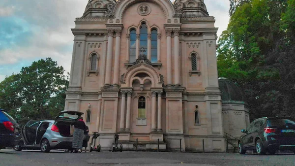 Iglesia Ortodoxa Rusa vista aérea en Wiesbaden al atardecer, Germen —  Fotos de Stock
