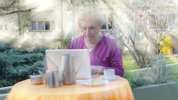 Actieve oudere vrouw met behulp van moderne laptop het maken van ontbijt buiten. Lichtstralen van achteren — Stockvideo