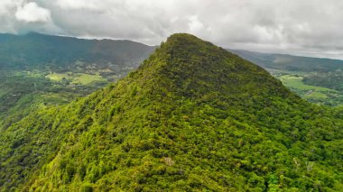 Mauritius kıyılarının panoramik hava manzarası, Afrika. Okyanus ve bitki örtüsüyle güneşli bir gün.