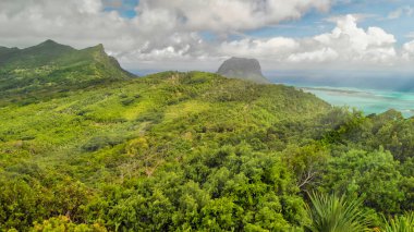 Mauritius kıyılarının panoramik hava manzarası, Afrika. Okyanus ve bitki örtüsüyle güneşli bir gün.
