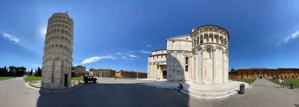 Mirakelfält Och Lutande Torn Pisa Panoramautsikt Utan Turister Solig Dag — Stockfoto
